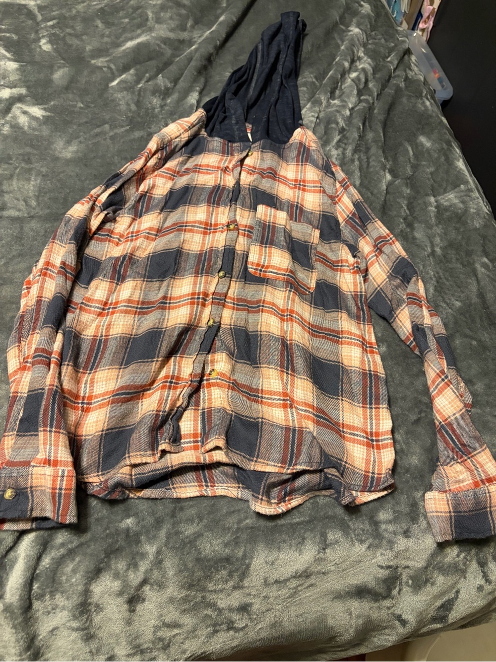 C&C California Navy, Cream & Rust Plaid Hooded Button-Down Shirt